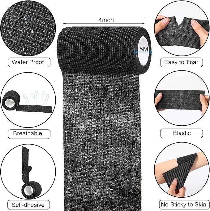 Treela 64 Pack 4" x 5 Yards Self Adhesive Cohesive Bandage Wraps, Elastic Breathable Athletic Tape, Flexible Self Adherent Bandage Rolls for Wrist, Ankle, Fingers, Sports & Pets (Black)