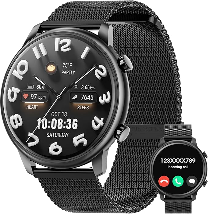 Hwagol Smart Watches for Women Android Phones iPhone Compatible(Bluetooth Call),1.39'' Round Sports Watch Fitness Tracker Heart Rate/SpO2/Sleep Monitor,Pedometer (Black Steel)