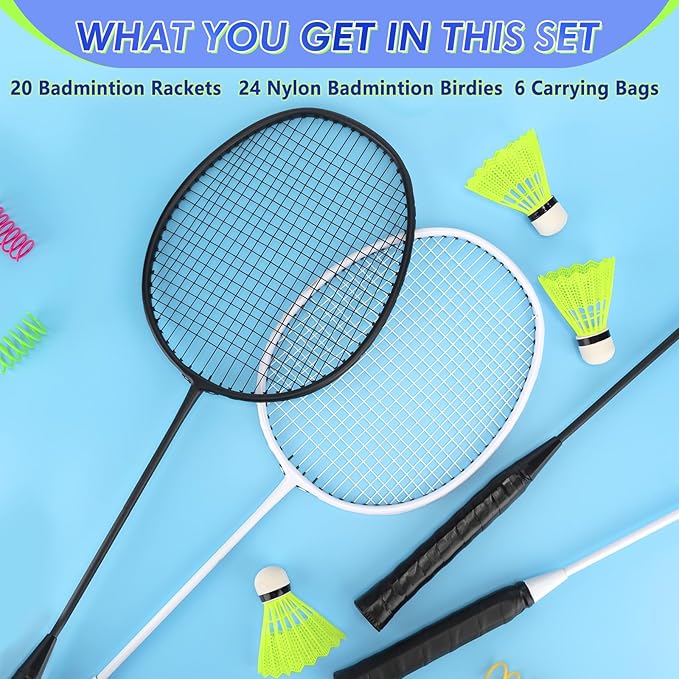 20 Pcs Badminton Rackets Set with 24 Shuttlecocks and 6 Carrying Bags, Sturdy Lightweight Badminton Rackets Racquet for Adults Beginners Indoor Outdoor Backyards