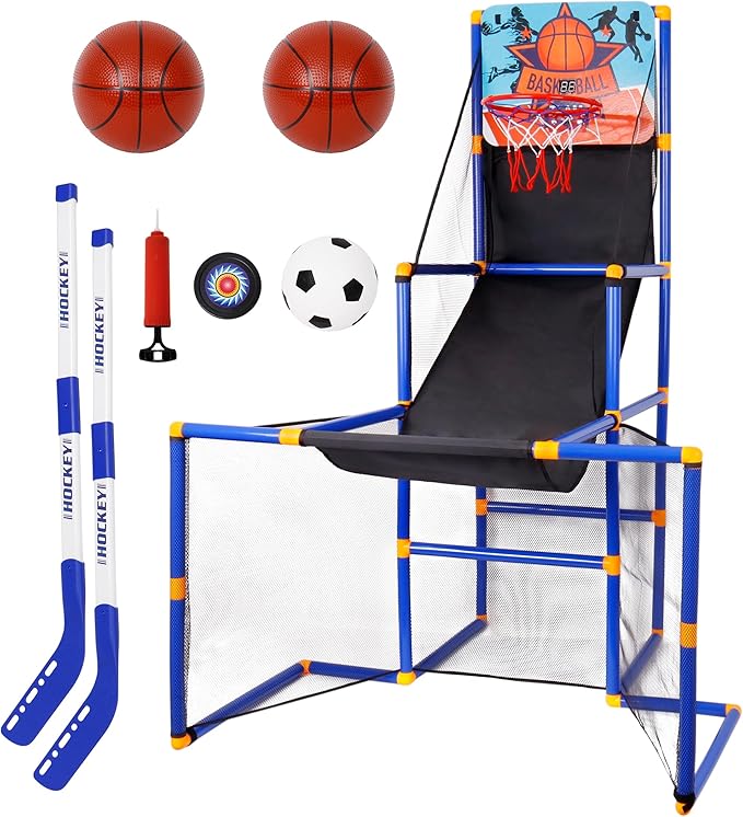 Surpop Kids Basketball Hoop Arcade Game with 4 Balls and Infrared Scoring Indicator, Basketball Football Hockey 3-in-1 - Toy Sports Game for Kids 3+