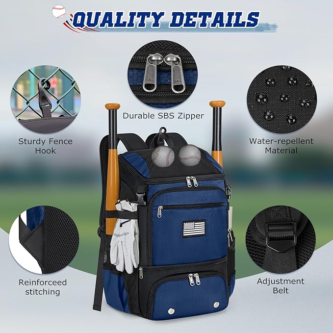 RAINSMORE Baseball Backpack, Lightweight Softball Bag with Shoe Compartment Baseball Bag for Youth & Adult Softball Bat Bag with Fence Hook Helmet Holder Sports Backpack for T-Ball