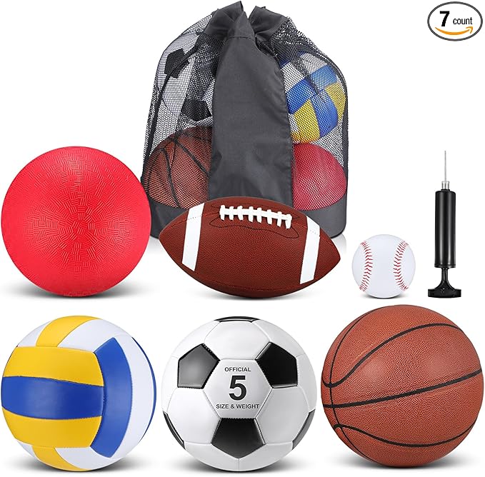 Libima 6 Pcs Multi Sport Ball Set Official Size Football, Basketball, Soccer, Volleyball, Playground Ball, Baseball with Sports Equipment Bag Pump for Teen Adult Back to School