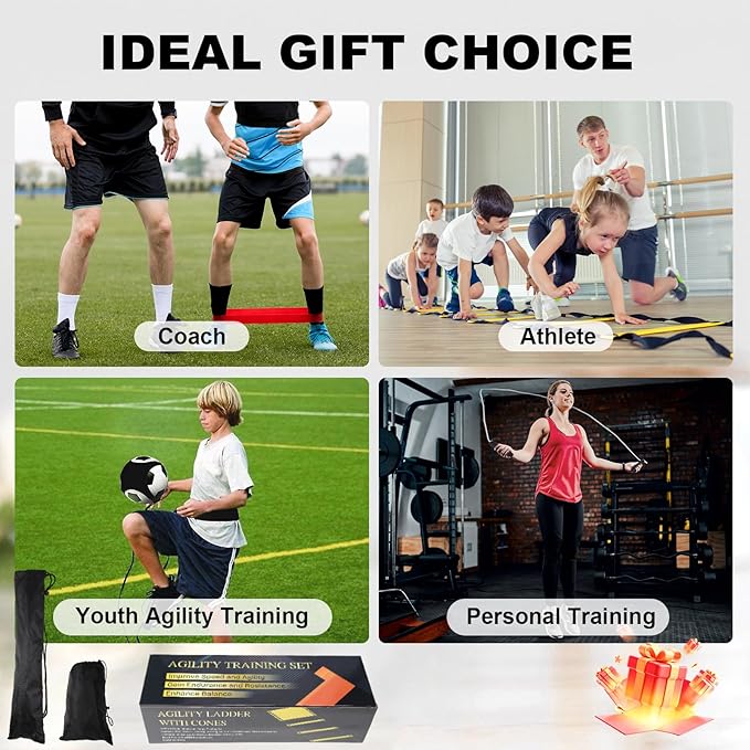 Speed Agility Training Equipment Set, Agility Ladder 20ft, 12 Football Cones, Resistance Parachute/Soccer Kick Trainer, Jump Rope, 5 Resistance Bands, Football Practice Equipment for Kids Adults