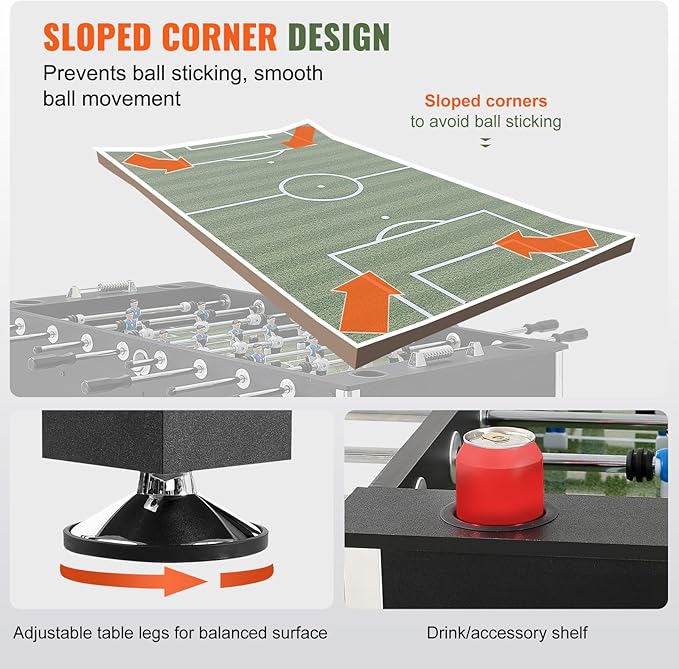 VEVOR Foosball Table, 55 inch Standard Size Foosball Table, Indoor Full Size Foosball Table for Home, Family, and Game Room, Soccer with Foosball Table Set, Includes 4 Balls and 4 Cup Holders, black