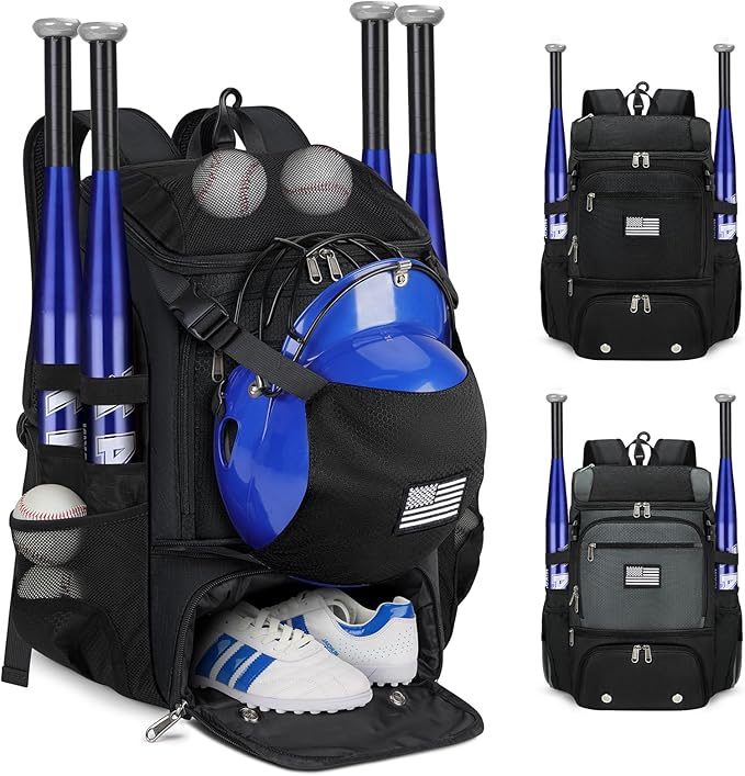 RAINSMORE Baseball Backpack, Lightweight Softball Bag with Shoe Compartment Baseball Bag for Youth & Adult Softball Bat Bag with Fence Hook Helmet Holder Sports Backpack for T-Ball