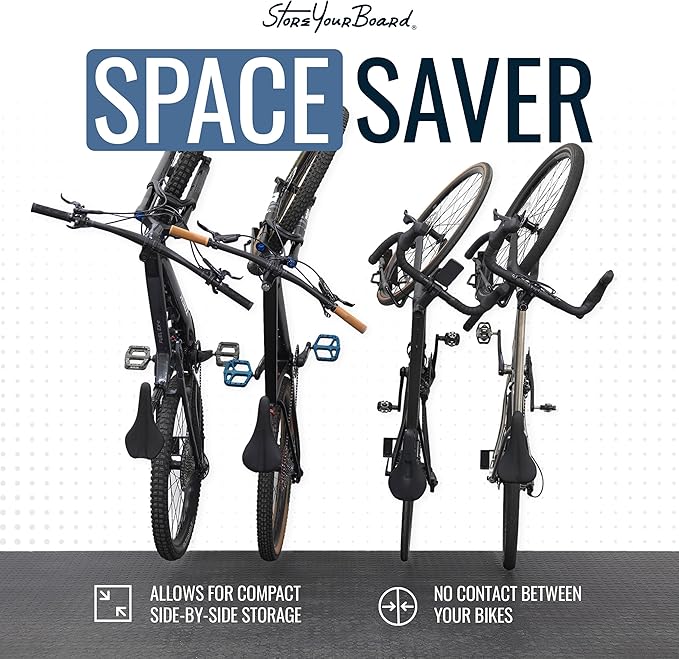 StoreYourBoard SwivelStow Mountain Bike Storage Rack 4 Pack – Heavy Duty Bike Hanger, No-Lift Bike Wall Mount for Garage Bike Storage, MTB and E-Bike, Holds 70 lbs, Patent-Pending