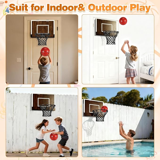 Indoor Mini Basketball Hoop Set – Over The Door with Wood Backboard & Iron Rim – Includes 2 Balls & Air Pump – Anti-Shock Padding – 16"x12"x3"