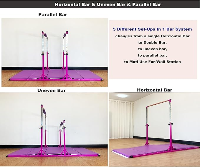 MARFULA Gymnastics Double Horizontal Bars 3Play Parallel Bars Uneven Bars Gymnastics Training Kip Bar with 304 Stainless Steel Regulating Arms & Fiberglass Rail for Indoor Outdoor Home Club Use
