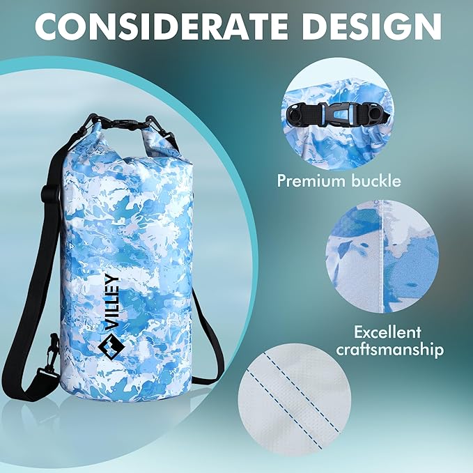 VILLEY Dry Bag Waterproof 20L Roll Top Sack Keeps Gear Dry Lightweight Sack for Kayaking Boating Camping Swimming and Beach Adventures Blue Camo