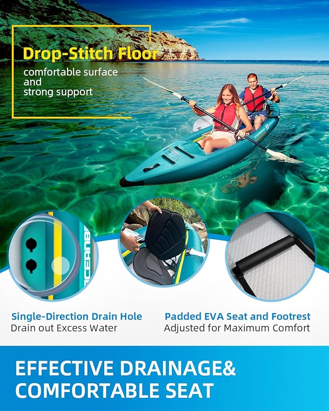 OCEANBROAD Inflatable Sit-in Kayak, 1 Person/2 Person Blow Up Kayak for Adults with Paddle, Kayak Seat, Pedal, Hand Pump and Bag, Blue/Sky Blue