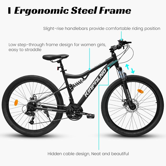 26 Inch Mountain Bike Dual Suspension for Mens Boys, 21 Speeds Steel Women Girls Mountain Bike Summer Travel Trip, Disc Brakes Adult Teens Sport Men Women Bicycle for Trail Commuter City Road