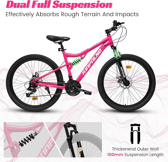 24/26/27.5 Inch Mountain Bike, Dual Full Suspension 21 Speed Womens Mens Mountain Bikes, Commuter Bike with Carbon Steel Frame and Dual Disc Brakes