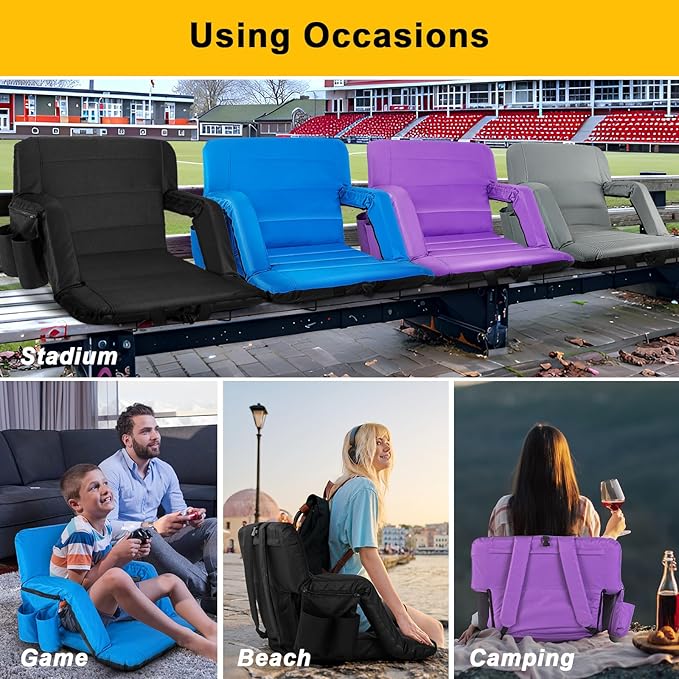 Stadium Seats with Back Support Wide, Exclusive Bleacher Chairs with Back and Cushion Folding Stadium Chairs, 6 Reclining Positions Waterproof Bleacher Seats with 2 Hooks (Wide|22.5" Black)