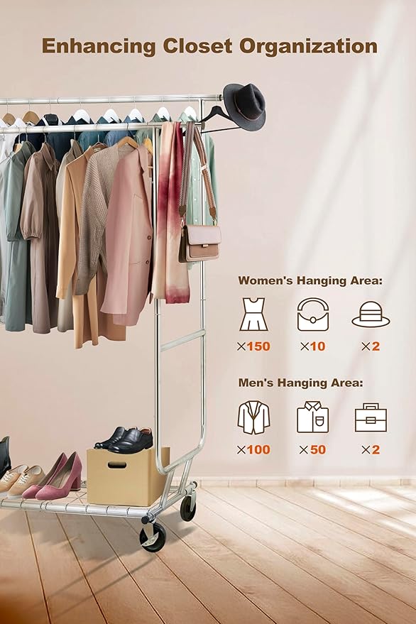 ikloo Double Rods Adjustable Clothes Rack Load 650 LBS, Heavy Duty Metal Clothing Rack with Wheels & Shelves, Portable Closet Organizer for hanging clothes, Rolling Clothes Drying Rack, Chrome