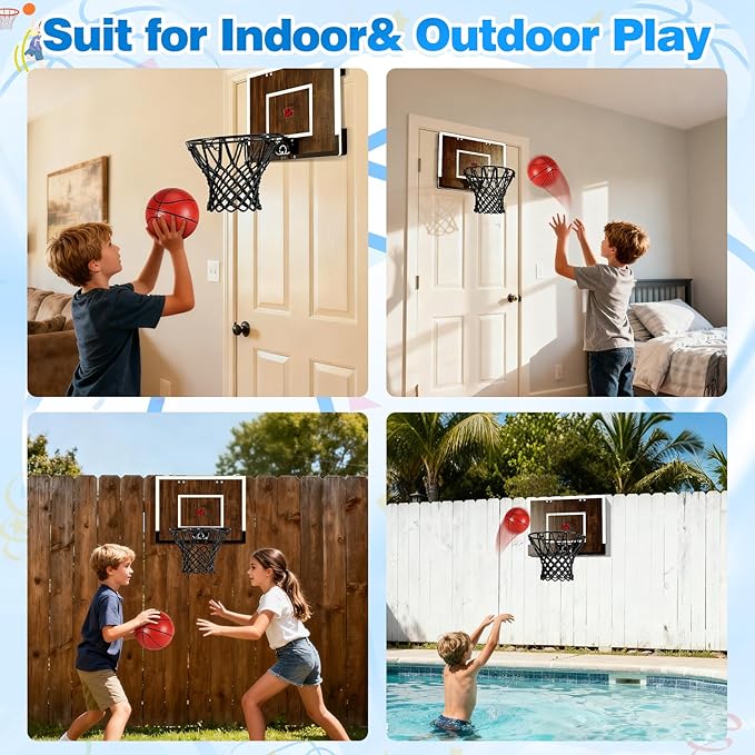 Indoor Mini Basketball Hoop Set – Over The Door with Wood Backboard & Iron Rim – Includes 2 Balls & Air Pump – Anti-Shock Padding – 16"x12"x3"