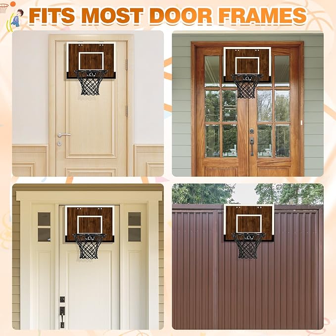 Indoor Mini Basketball Hoop Set – Over The Door with Wood Backboard & Iron Rim – Includes 2 Balls & Air Pump – Anti-Shock Padding – 16"x12"x3"