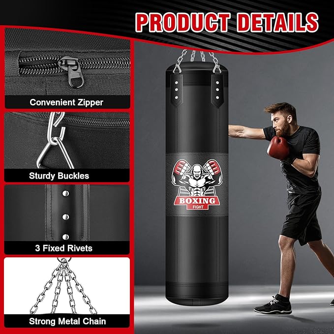 Punching Bag for Adults, 4FT PU Heavy Boxing Bags with Chain Ceiling Hook, Hanging Boxing Bag for Kickboxing Muay Thai Karate Judo Taekwondo Home Gym Training, Unfilled