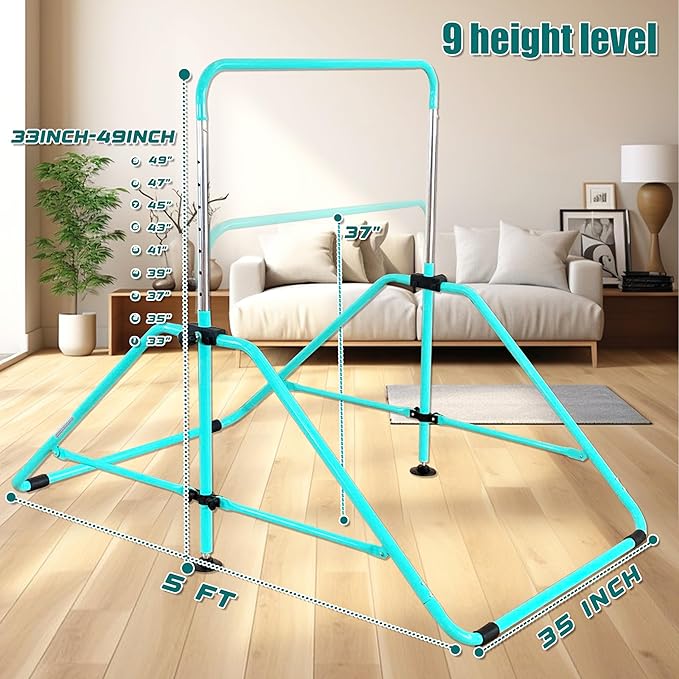 MARFULA Foldable Gymnastic Bar for Kids Ages 3-9, 9 Height Levels, 200 lbs Weight Capacity, 5 Ft Length Gymnastic Kip Bar with Mat, Gymnastic Equipment for Home and Gym Center Indoor Outdoor Use