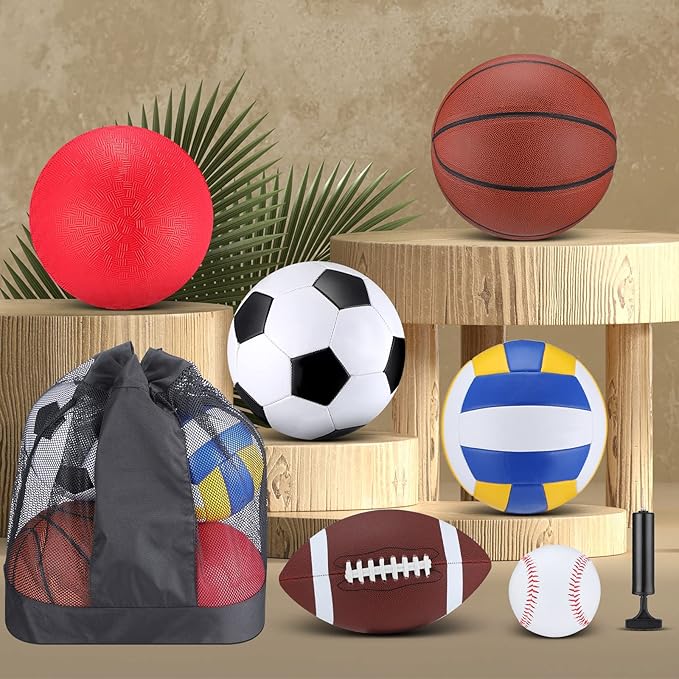 Libima 6 Pcs Multi Sport Ball Set Official Size Football, Basketball, Soccer, Volleyball, Playground Ball, Baseball with Sports Equipment Bag Pump for Teen Adult Back to School