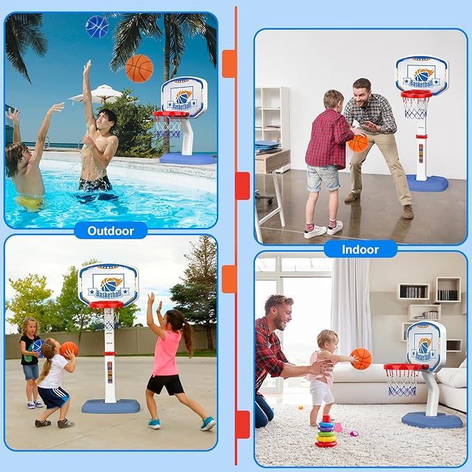 M SANMERSEN Toddler Basketball Hoop Indoor, Mini Height Adjustable Kids Basketball Hoop with 6 Balls, Outdoor Basketball Pool Games Toys Gifts for Baby Boys Girls Ages 1-3 2-4 4-8 Birthday Gifts