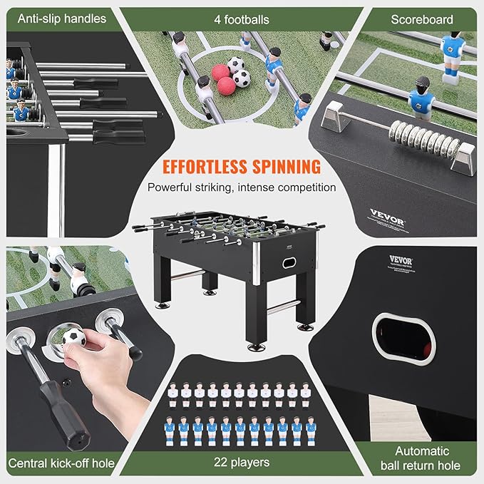 VEVOR Foosball Table, 55 inch Standard Size Foosball Table, Indoor Full Size Foosball Table for Home, Family, and Game Room, Soccer with Foosball Table Set, Includes 4 Balls and 4 Cup Holders, black