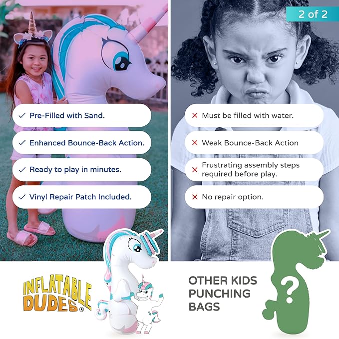 INFLATABLE DUDES Unicorn Toy 47 Inches- Kids Punching Bag| Already Filled with Sand | Bop Bag | Unicorn Ring Toss with 3 Inflatable Rings| | Unicorn Party Decorations| Punching Bag for Kids (Unique)