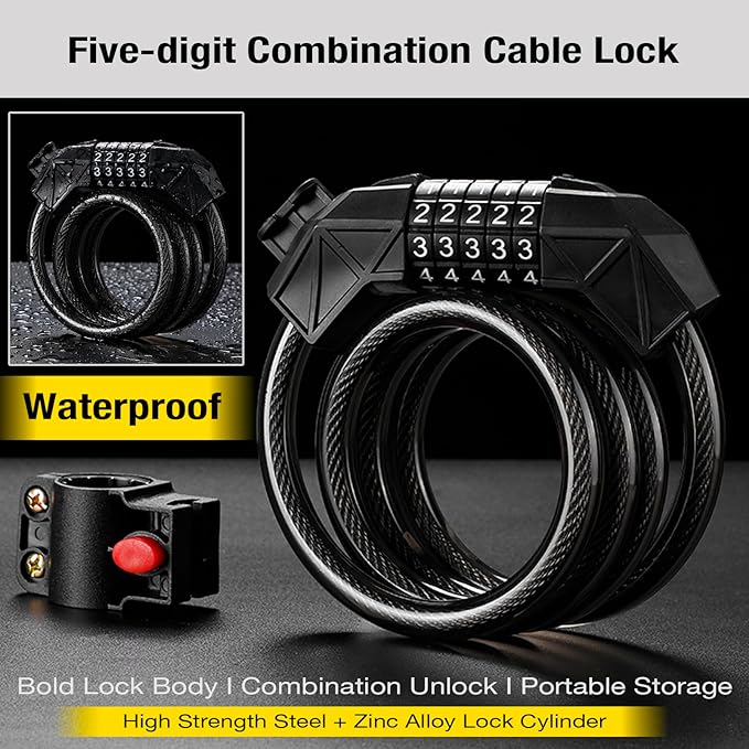 Bike Lock with Mounting Bracket, 4-Feet Bike Cable Basic Self Coiling 5-Digit Resettable Combination Cable Bike Locks, for Bicycle, Motorcycle, Scooter (Black)
