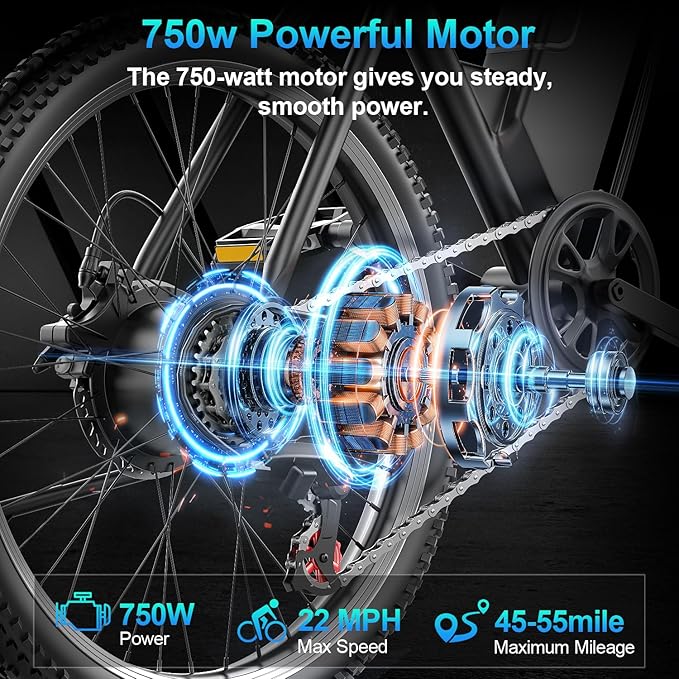 F26 Electric Mountain Bike for Adults,1500W Peak Motor, 55-Mile Range, 28MPH, 48V 10AH Detachable Battery, 7-Speed, 26-Inch Tires and Front Fork Fuspension Commuter Electric Bicycle