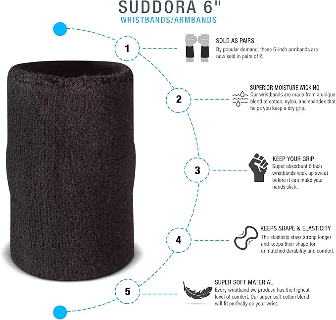 Suddora 6" Doublewide Wrist Bands/Armbands (Pair) - Thick Sweatbands for Basketball, Tennis, Baseball, Gym