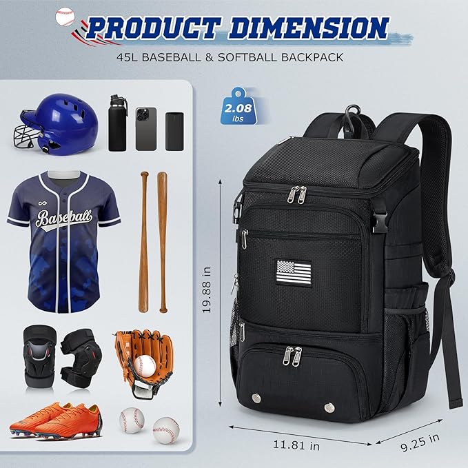 RAINSMORE Baseball Backpack, Lightweight Softball Bag with Shoe Compartment Baseball Bag for Youth & Adult Softball Bat Bag with Fence Hook Helmet Holder Sports Backpack for T-Ball
