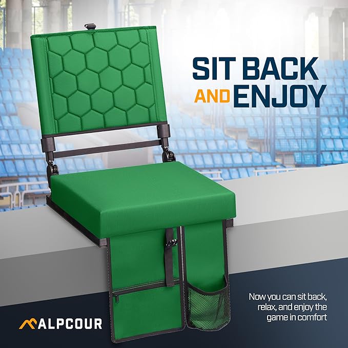 Extra Wide Folding Reclining Stadium Seat with Back Suppot for Bleachers, Bleacher Hooks, Thick Cushion, Cup Holder, Storage Pockets – Portable Chair for Kayak, Canoe, Paddle Board, Concerts, & Sports