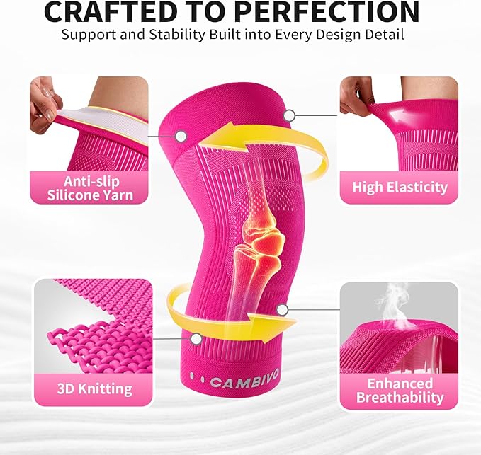 CAMBIVO Elite Motion Series Knee Brace for Women and Men (2 Pack), Ultra-Thin Lightweight Knee Compression Sleeve with Reflective Design for Pain Relief, Running, Workout, Daily Use (Hot Pink, Medium)