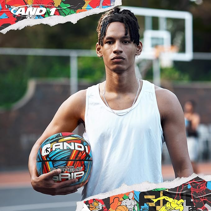 AND1 Supreme Grip Official Regulation Size 7 (29.5 inches) Rubber Basketball - Deep Channel Construction Streetball, Made for Indoor Outdoor Games