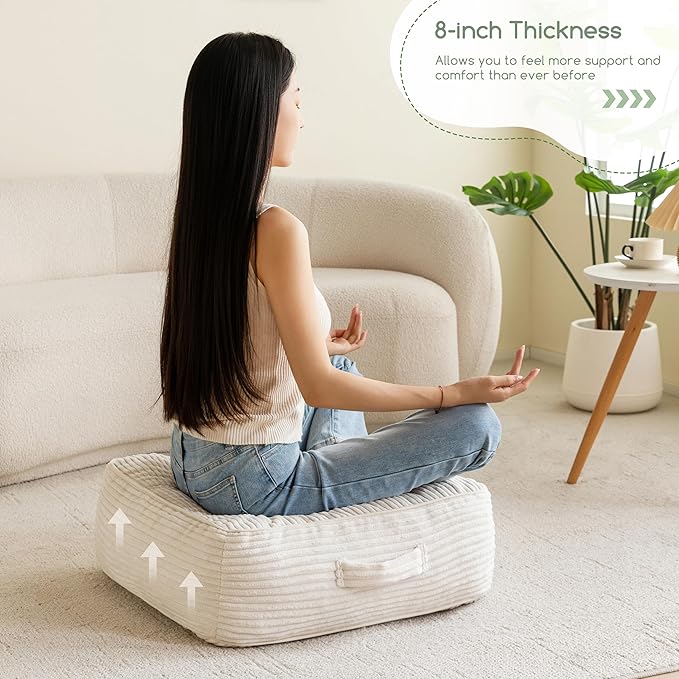 8" Washable Floor Pillow Cushion for Adults, Meditation Cushion Pillow, Large Square Floor Sitting, Removable Tufted Corduroy Cover, for Tatami Living Room or Yoga, 22x22 Inch, 2Pack, Machine Washable