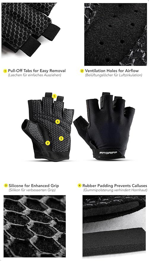 Fitgriff® Workout Gloves (Padded) for Men & Women - Fingerless Gym Gloves for Weight Lifting, Training - Full Palm Protection, Size : 9