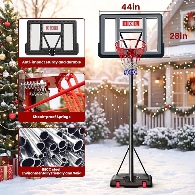 IGL Portable Basketball Hoop, 5.6-10FT Adjustable Basketball Goal System, 44 Inch Outdoor Basketball Hoop & Goals for Kids, Youth, and Adults in The Backyard, Driveway with PC Backboard