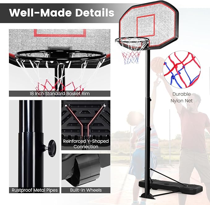 GYMAX Basketball Hoop, Outdoor 6.5FT-10FT Adjustable Basketball Goal with 43’’ Shatterproof Backboard & 18’’ Basket, All Weather Basketball Stand with Wheels, for Kids Youth Adult, Gym Driveway Court