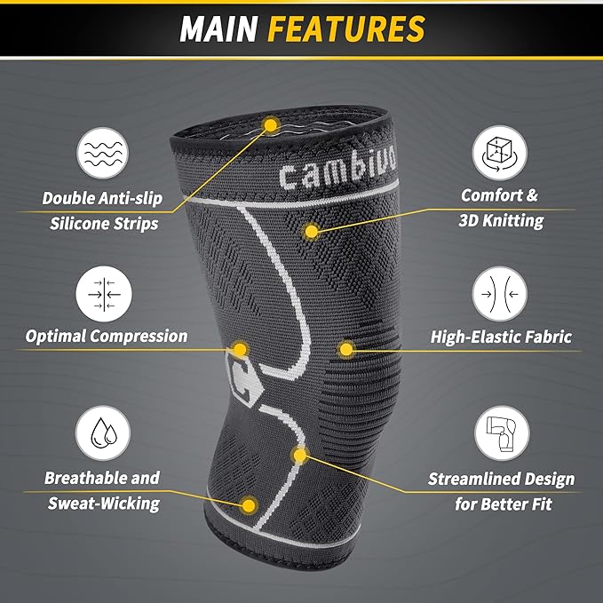 CAMBIVO 2 Pack Knee Brace, Knee Compression Sleeve for Men and Women, Knee Support for Running, Workout, Gym, Hiking, Sports (Gray,Large)