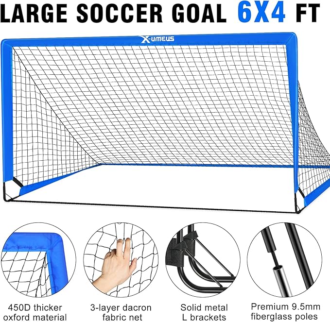 Kids Soccer Goals for Backyard Set of 2, 6x4 ft Portable Pop Up Soccer Goal Training Equipment with Soccer Ball, Ladder and Cones, Soccer Nets for Backyard for Kids Youth Toddler Outdoor Sports Games