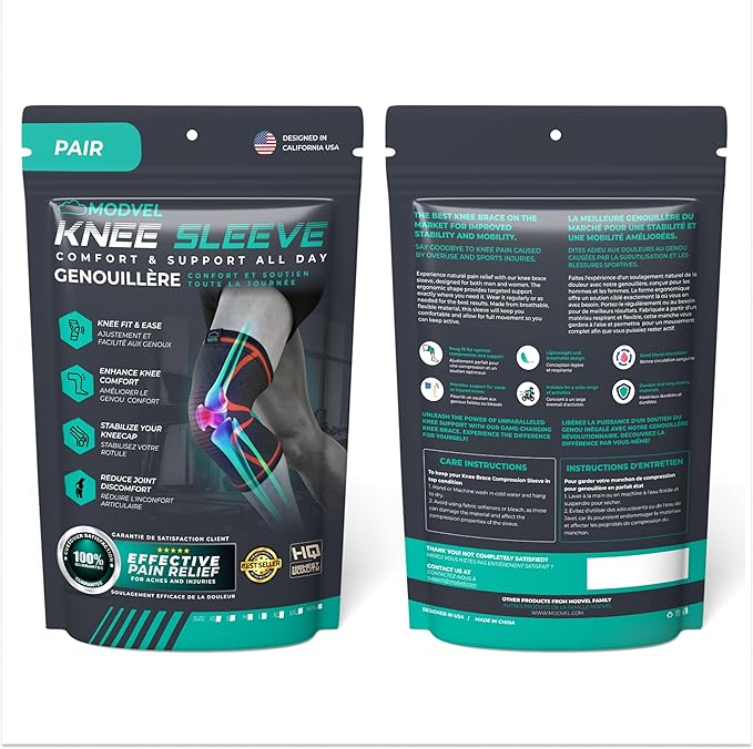 Modvel Compression Knee Brace for Women & Men, 2-Pack Knee Brace for Running Knee Pain, Knee Support Compression Sleeve, Workout Sports Knee Braces for Meniscus Tear, ACL & Arthritis Pain Relief