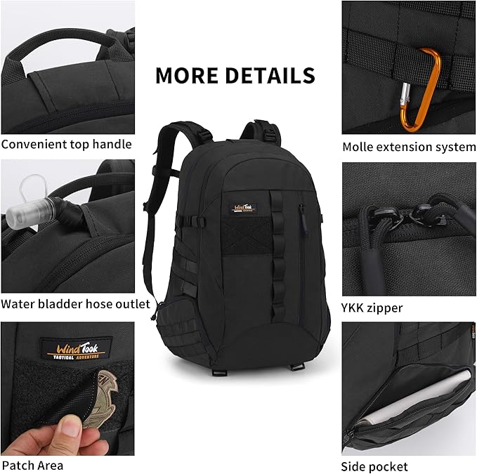 WindTook 30L Military Tactical Backpack for Men and Women,Molle Hiking daypacks Assault Pack 3 Day Bug Out Bag for Camping Travel Army Hunting Gym Rucksack Survival (Black)