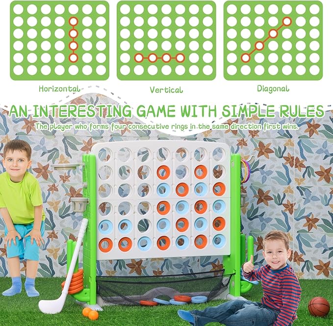 Giant 4 in A Row Game, Height Adjust Connect 4 Jumbo Yard Game Set for Kids & Adults with Mesh Catching Bag, Golf, Basketball Hoop & Ring Toss, 4-to-Score Games for Indoor/ Outdoor Fun