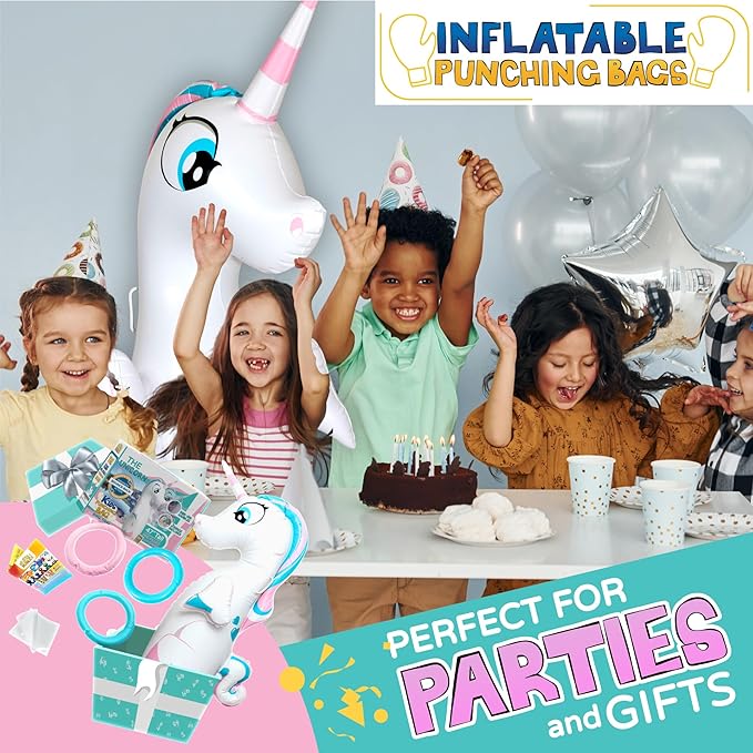 INFLATABLE DUDES Unicorn Toy 47 Inches- Kids Punching Bag| Already Filled with Sand | Bop Bag | Unicorn Ring Toss with 3 Inflatable Rings| | Unicorn Party Decorations| Punching Bag for Kids (Unique)