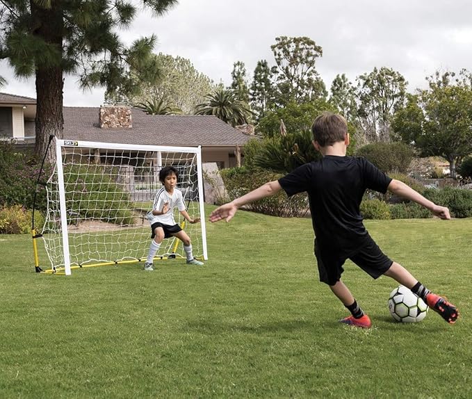 SKLZ Quickster Soccer Goal - Portable Goal for Backyard & Field - Durable Tension-Tite Frame & Heavy Gauge 2-Ply Net - Adjustable Click-Lock Poles, Metal Stakes - Carrying Case with Handle