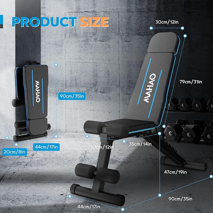 Adjustable Weight Bench for Home Gym, Workout Bench Incline Decline with Adjustable Headrest, Fast Folding Bench Press for Full Body Workout