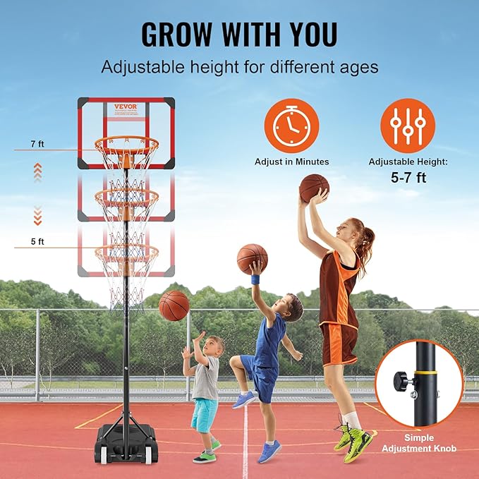 VEVOR Basketball Hoop/Rim, Adjustable Height Portable Backboard Court, Basketball Goal, Mobile Stand with Wheels Weighted Base, Youth&Adults, Outdoor/Indoor
