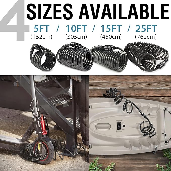 MARQUE Combination Bike Lock Cable- 3/8 inch (5FT, 10FT, 15FT, 25FT) Resettable Combination Lock, Anti-Theft Coiled Secutiry Cable for Bicycles, Kayaks, Paddle Boards, Gates and Outdoor Gear (10 FT)