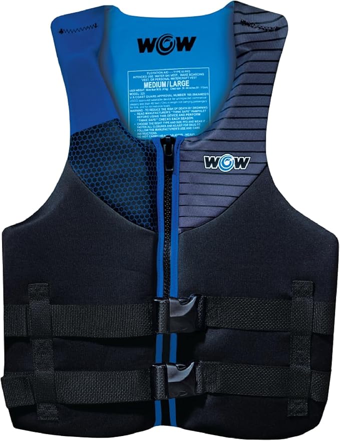 WOW Sports Life Jacket, US Coast Guard Approved Life Vest for Fishing, Kyaking, & Boating PFD, Blue - Large/XL