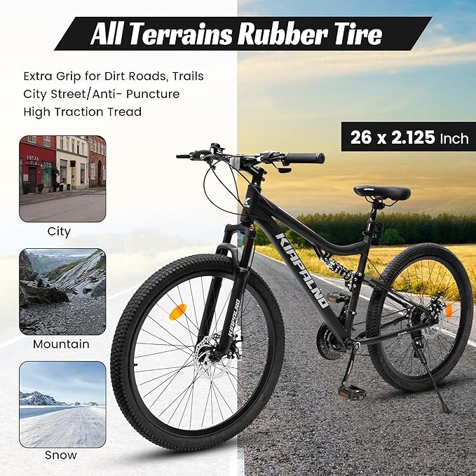 24/26/27.5 Inch Mountain Bike, Dual Full Suspension 21 Speed Womens Mens Mountain Bikes, Commuter Bike with Carbon Steel Frame and Dual Disc Brakes