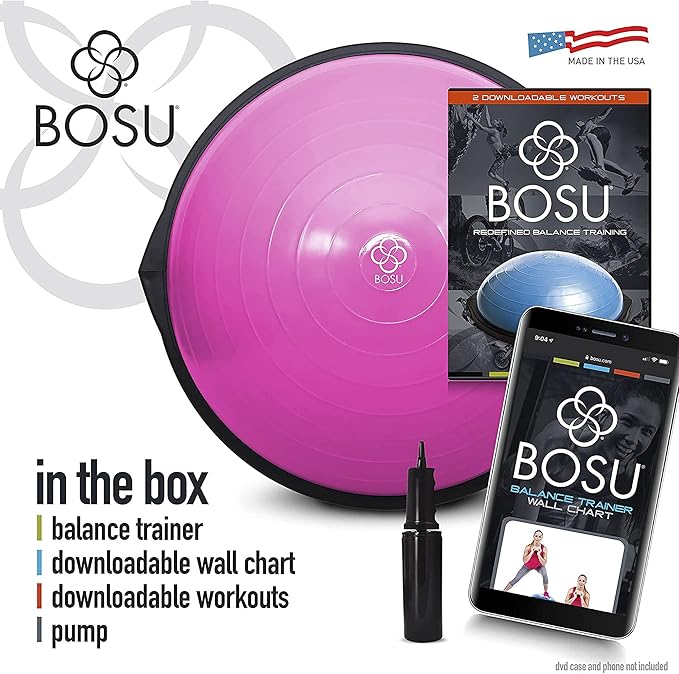 Bosu Balance Ball Exercise Trainer, Home Gym Equipment w/ Guided Workouts & Pump, 26", Blue - Inflatable Fitness Platform for Strength Training, Standing, Balancing, and Core Workout